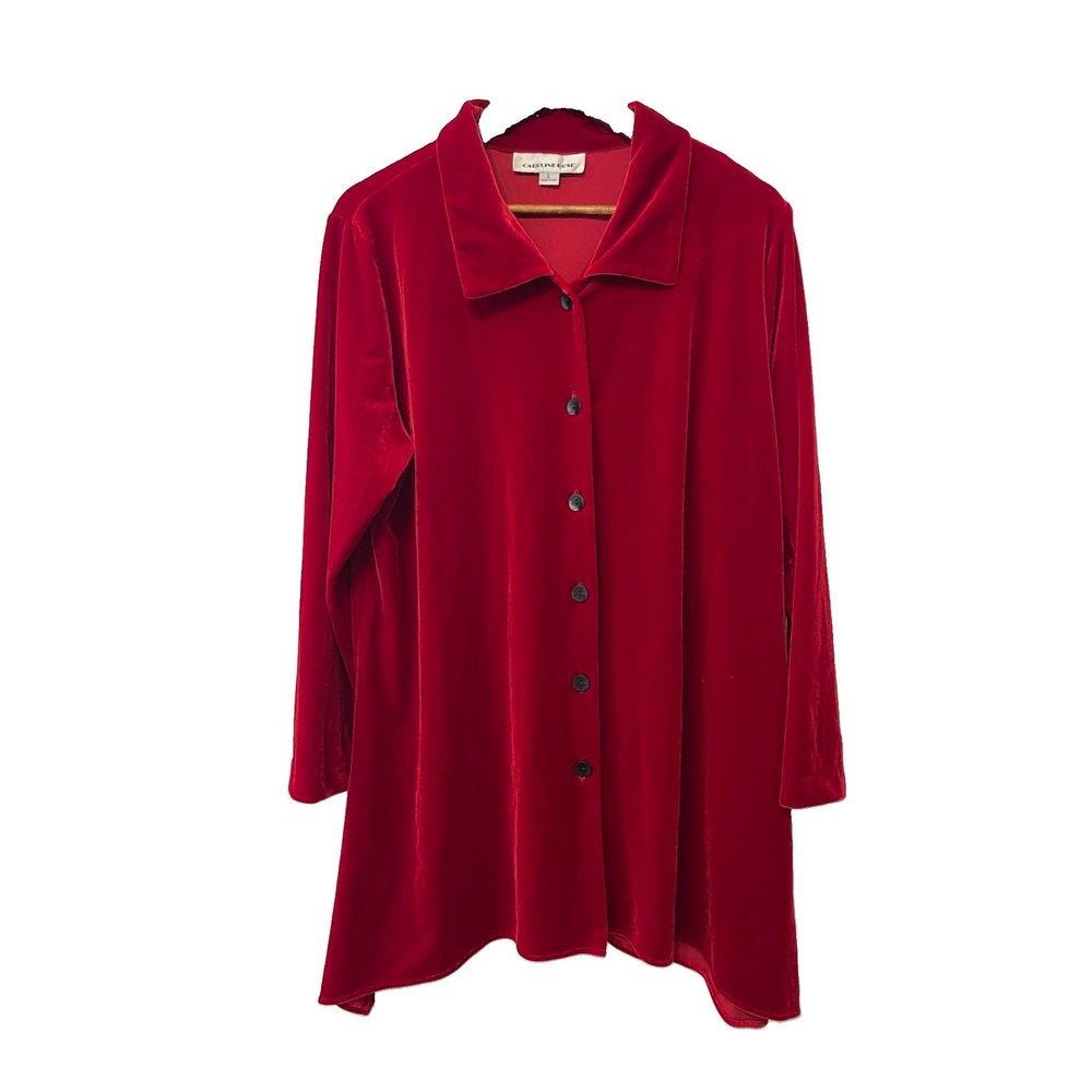 Women's Red Velvet Buttondown Tunic Top Size L Shark Bite Hem Holidays Festive